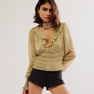 Free People Smocked So Nice Top Floral Boho Blouse Sheer Long Sleeve